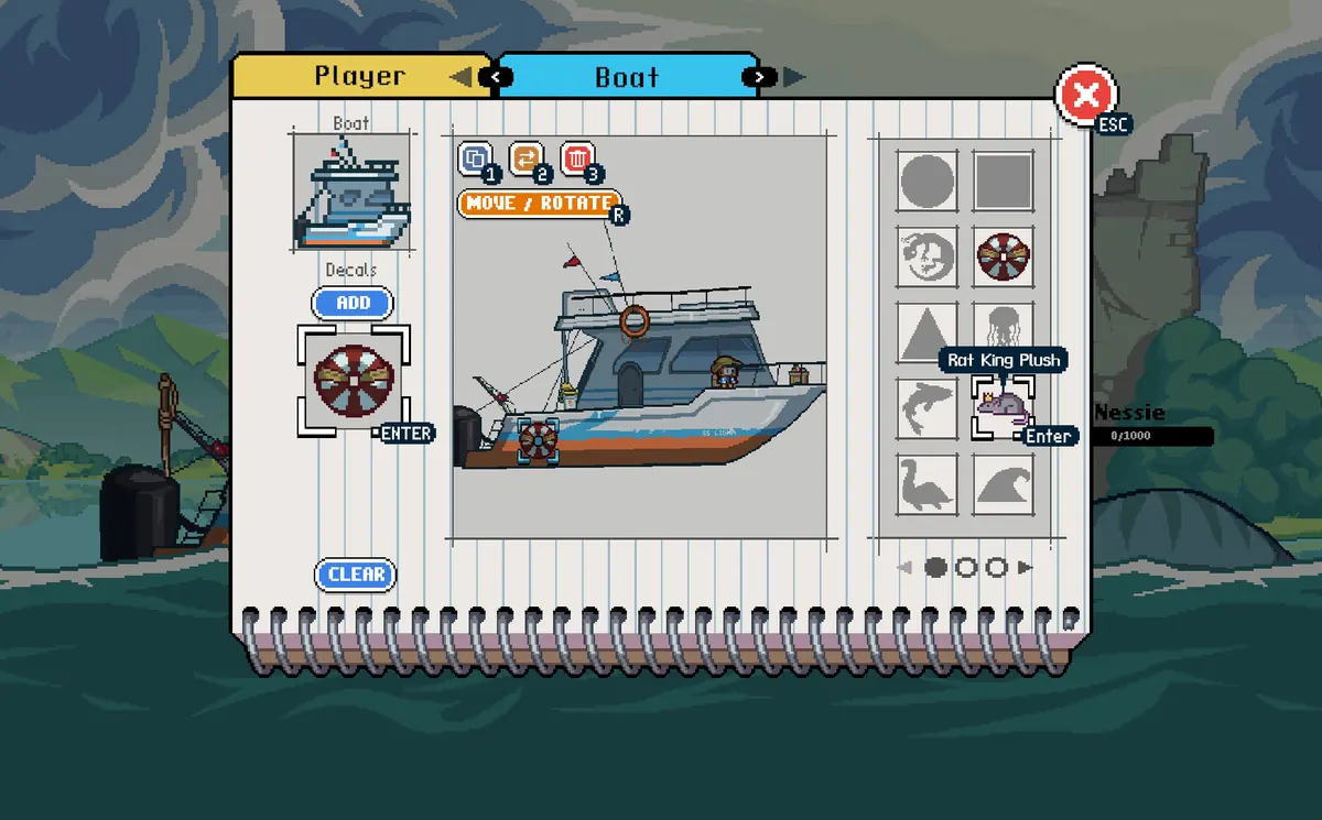 Official Scale the Depths Steam screenshot showing the boat customization notebook and collectible slots