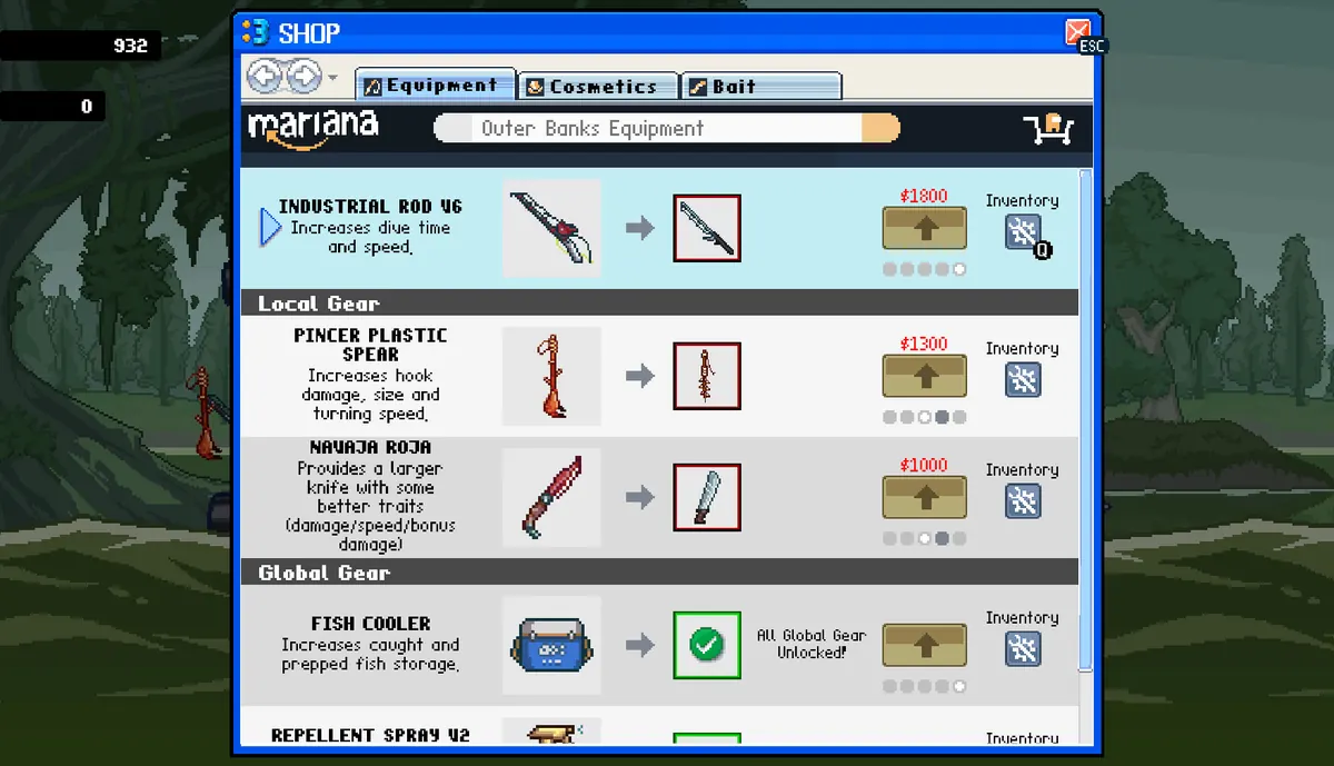 Official Scale the Depths screenshot showing the Outer Banks equipment shop and upgrade rows