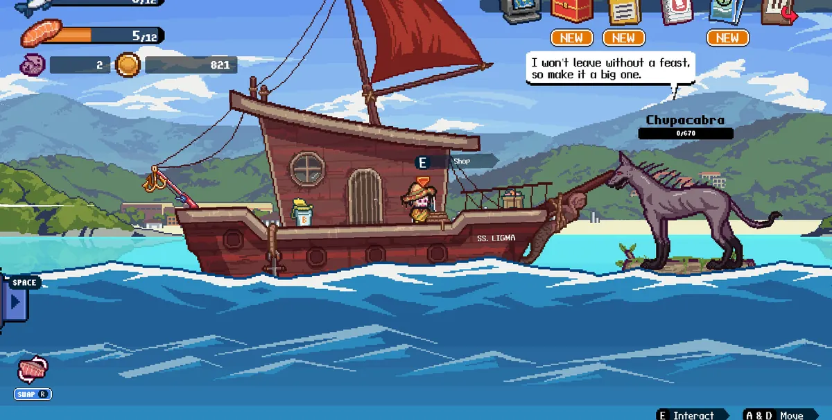 Official Scale the Depths screenshot showing the boat, a customer, and region interface icons