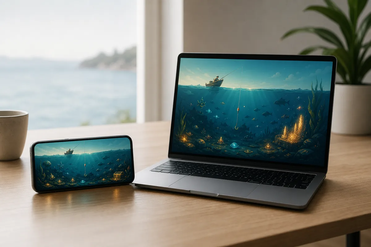 Illustrative phone and laptop showing a browser-first fishing game concept