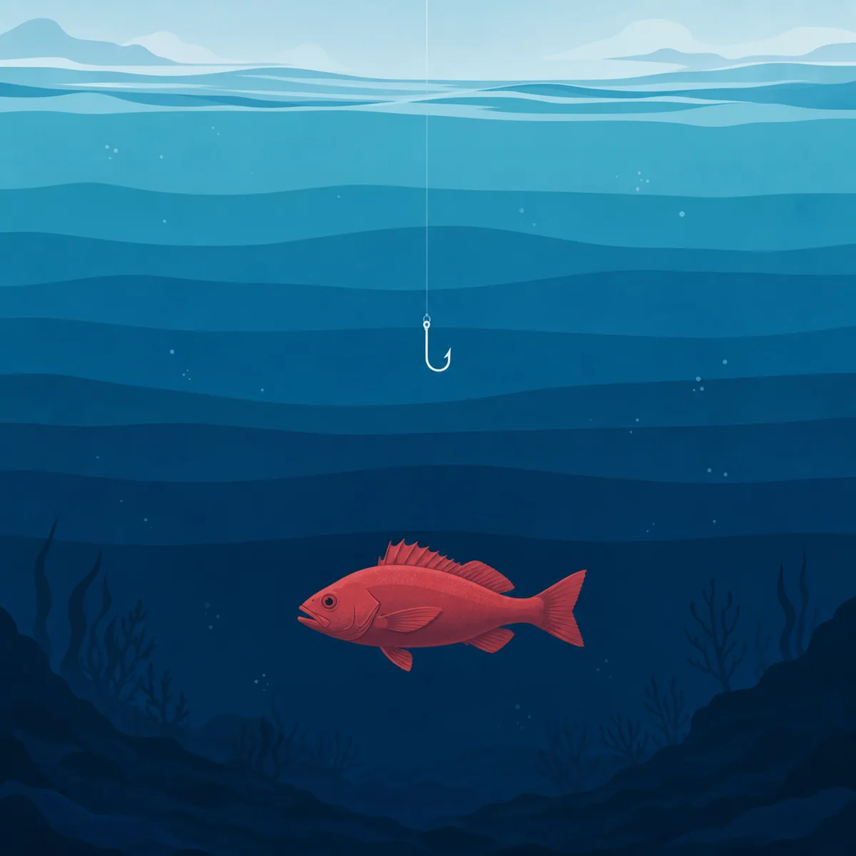 Editorial illustration of a rare red fish deep below a fishing hook for the Scale the Depths Red Herring guide