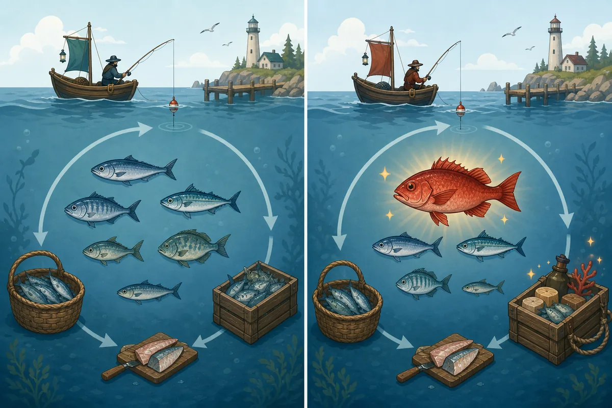Editorial comparison of common steady catches versus a rare red fish catch for Scale the Depths planning