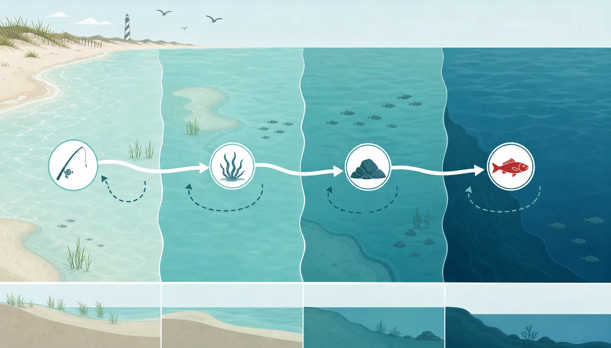 Editorial route graphic showing shallow water, deeper zones, retry loops, and a rare fish marker for Red Herring planning