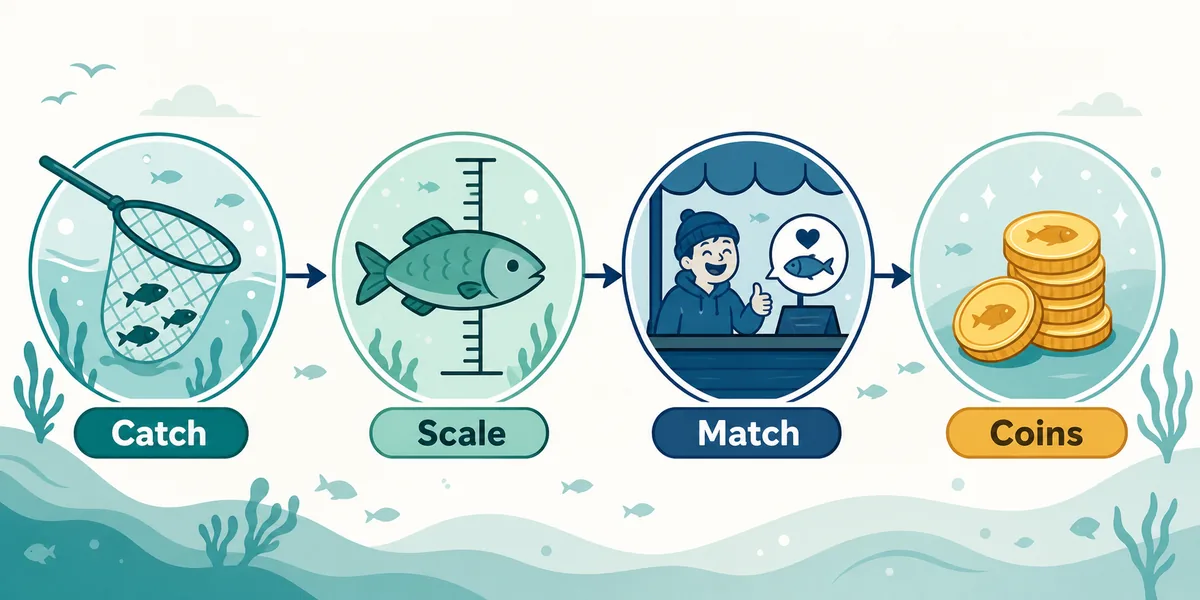 Editorial illustration of the Scale the Depths catch, scale, match, and coin flow for customer favorites