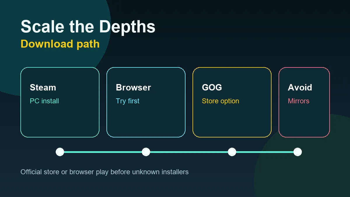 Safe access path comparing browser play, official Steam, and risky mirrors for Scale the Depths
