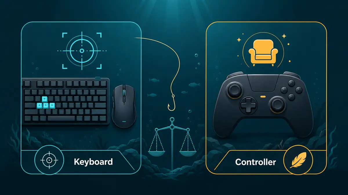 Editorial comparison graphic for Scale the Depths keyboard and controller play