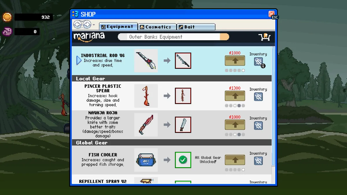 Official Scale the Depths Steam screenshot showing equipment and upgrades that a full progress reset can remove