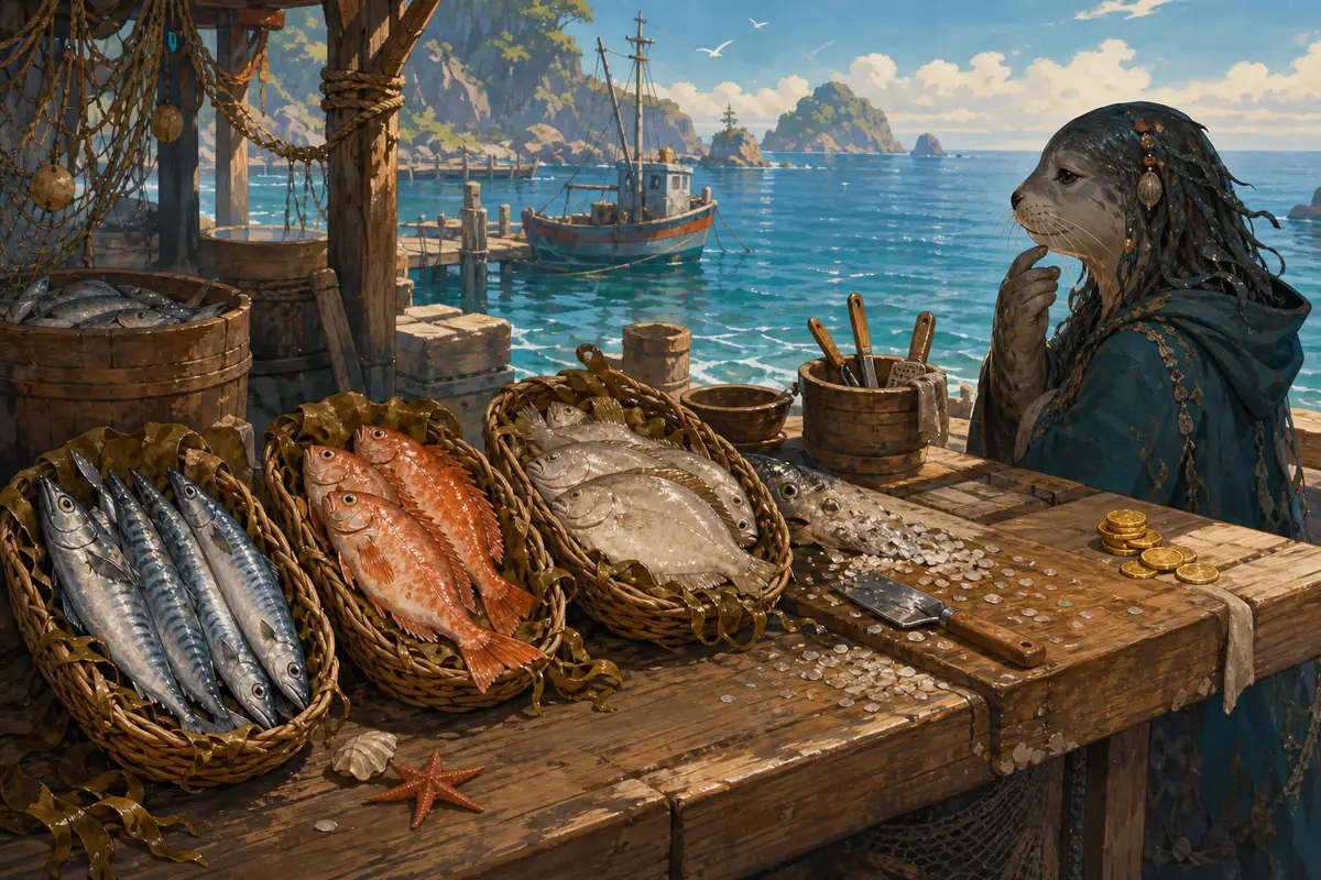 Editorial illustration of fish baskets and a seal-folk customer comparing possible favorites