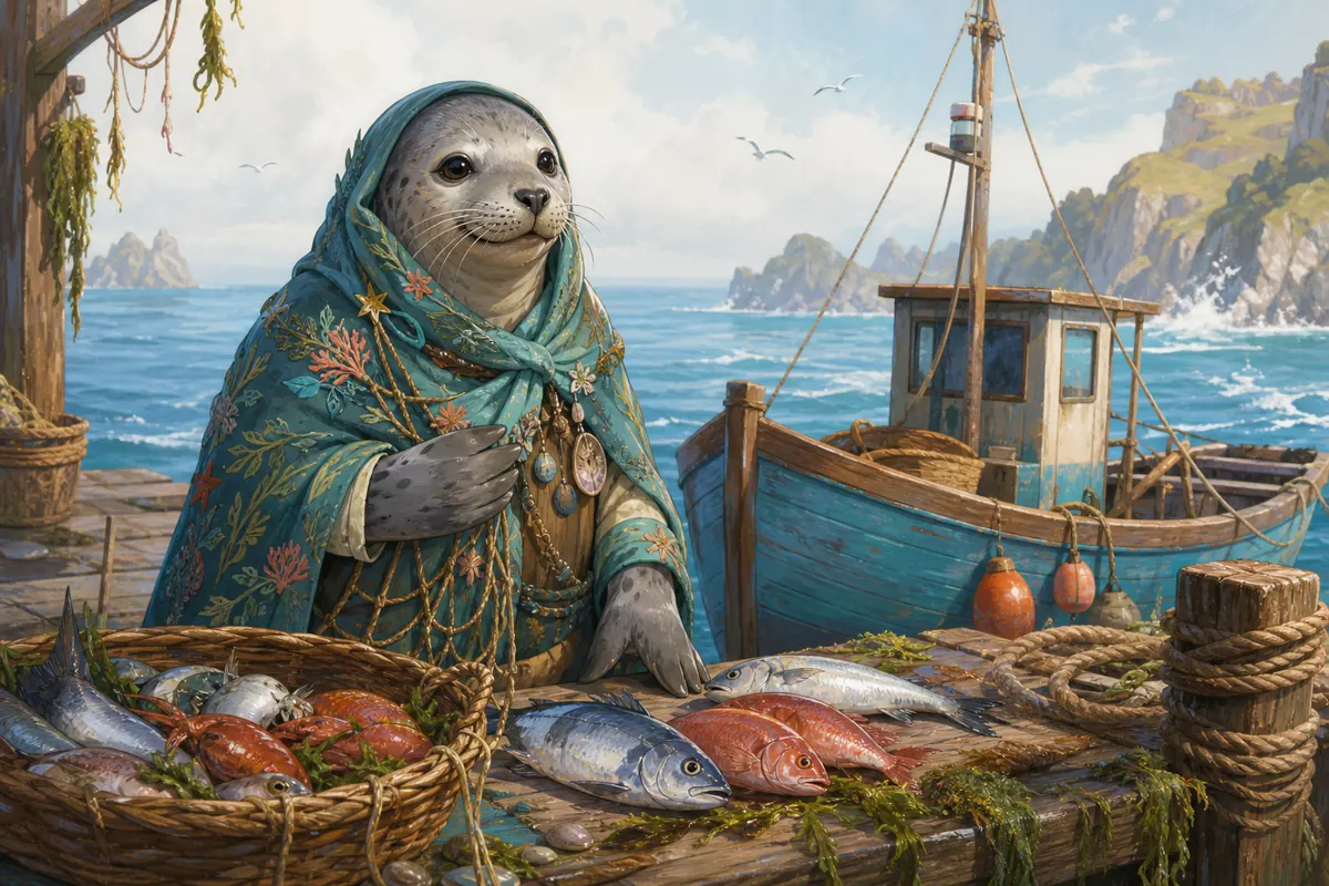 Editorial illustration of a seal-folk customer at a fish counter for the Scale the Depths Selkie guide