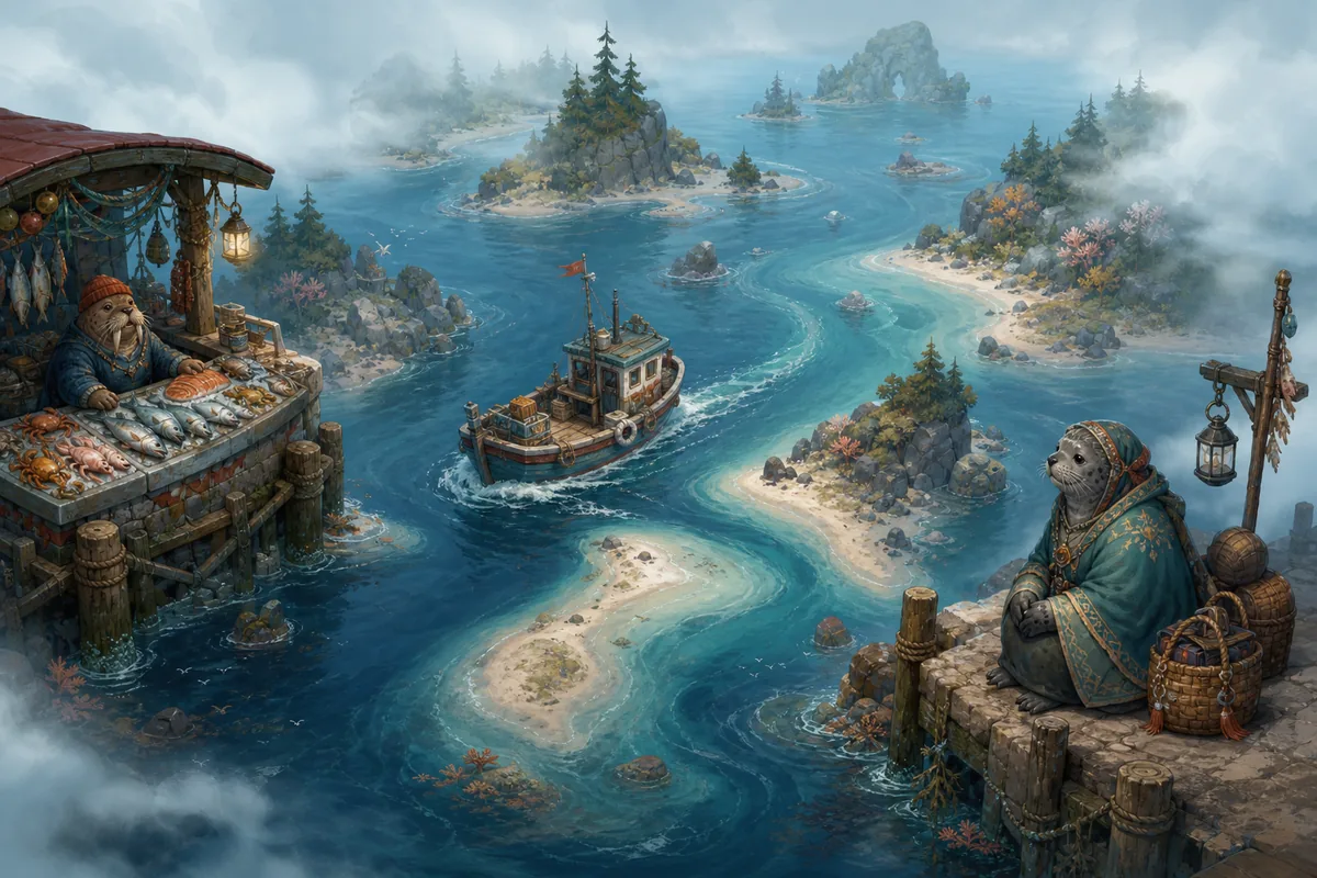 Editorial route illustration with a fishing boat, market counter and waiting seal-folk customer